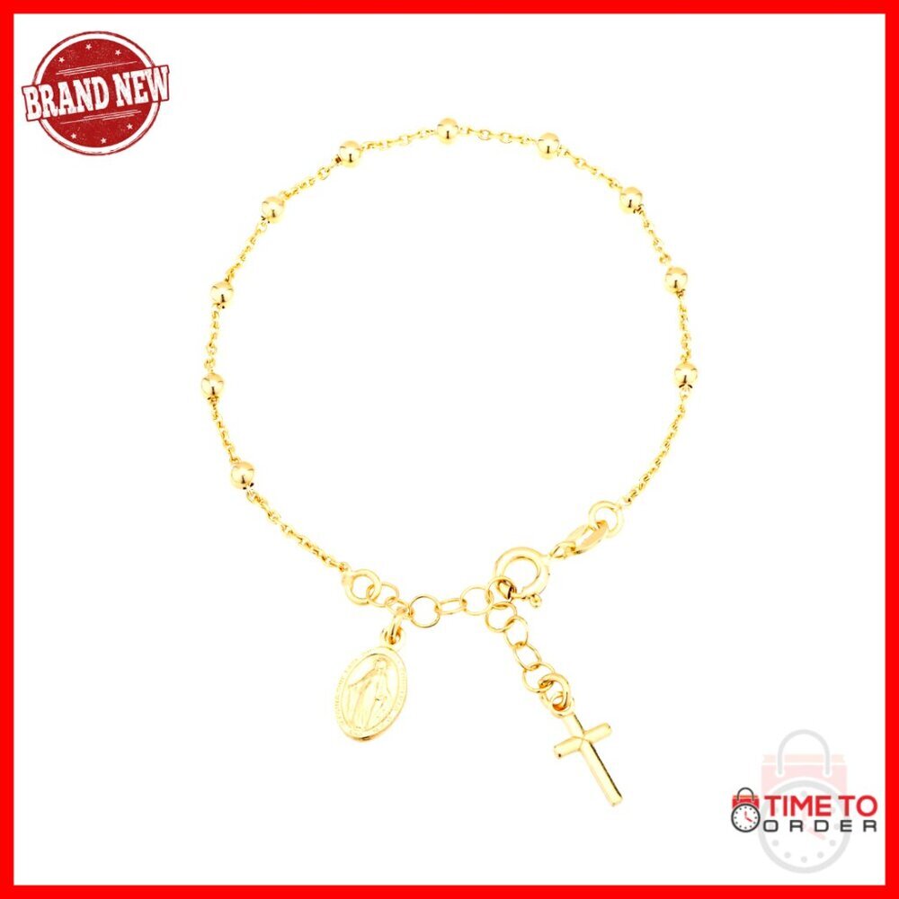 18K Gold Plated Sterling Silver Rosary Charm Bracelet Adjustable Link Chain